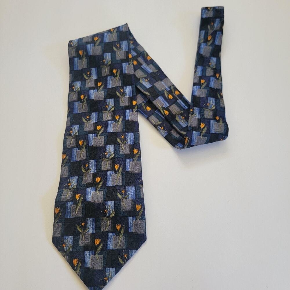 Ermenegildo Zegna Neck Tie Mens One Size Blue Silk Floral Geometric Business